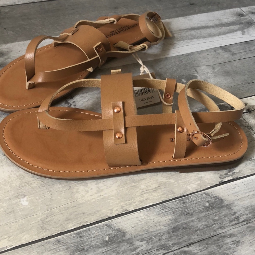 American Eagle Tan Leather Strappy Thong Sandals - Picture 2 of 8